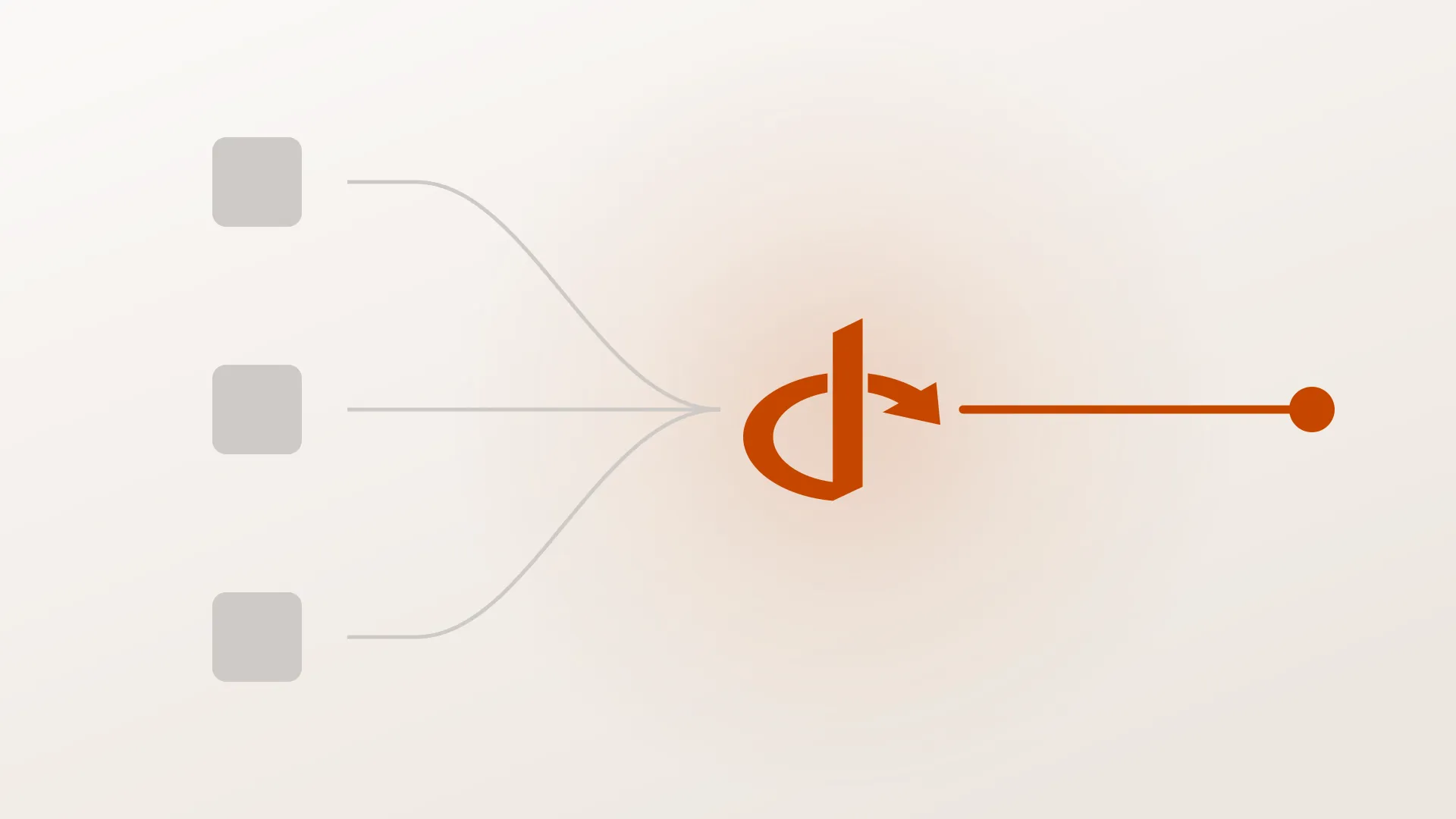 Seven grey rails entering from the left, converging to a single point and continuing as one orange line.