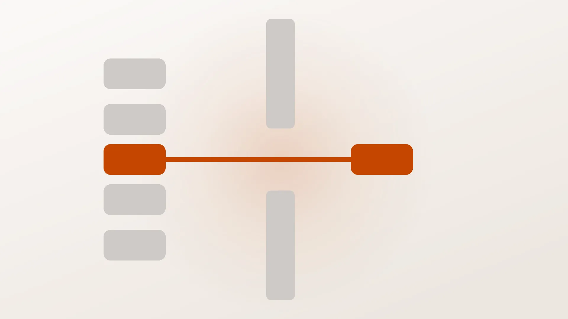Nine grey lines running into a tall orange bar with a single gap in it, through which one line continues.