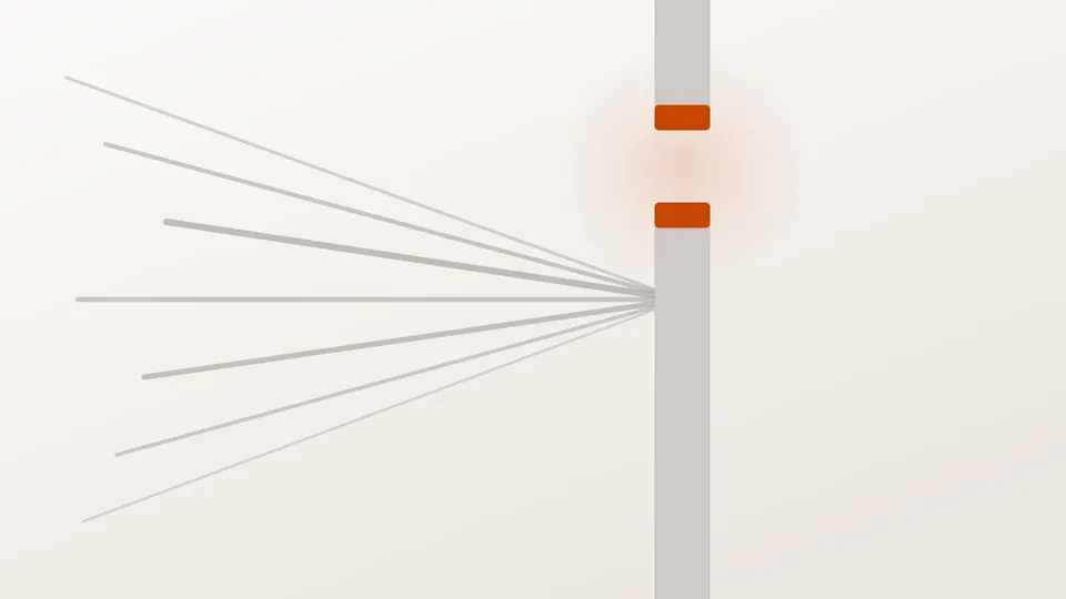 A grey bar running the full height of the frame, broken by a gap whose two facing edges are capped in orange, and a fan of grey lines coming in from the left and disappearing behind the bar well below the gap.