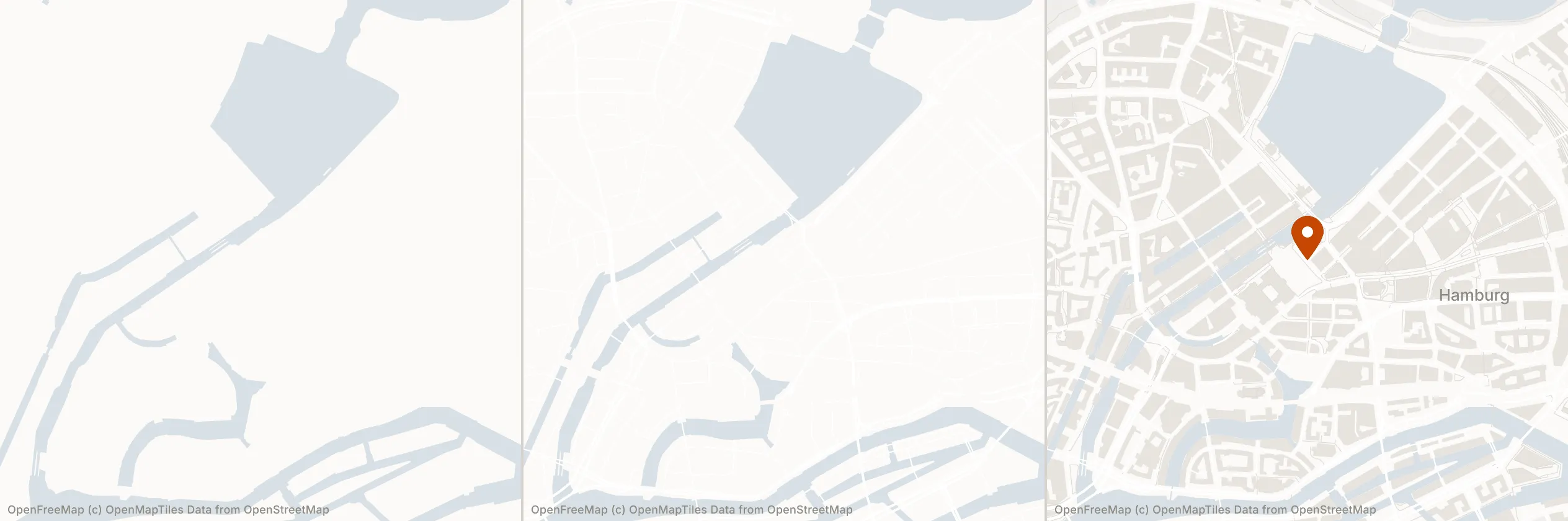 Three square maps of the same part of Hamburg side by side, each adding more layers: water only, then the road network, then ground, buildings, labels and a marker.