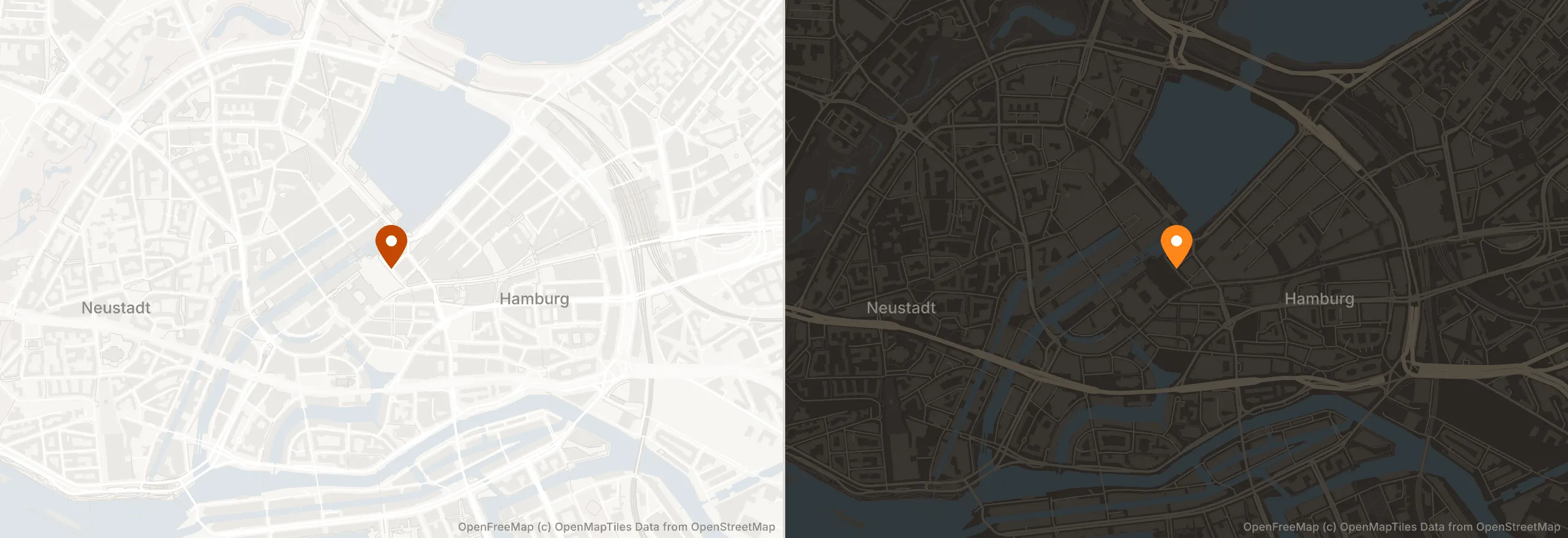 The same map of Hamburg twice, once on a warm off-white ground and once on a dark charcoal ground, with an orange marker in both.